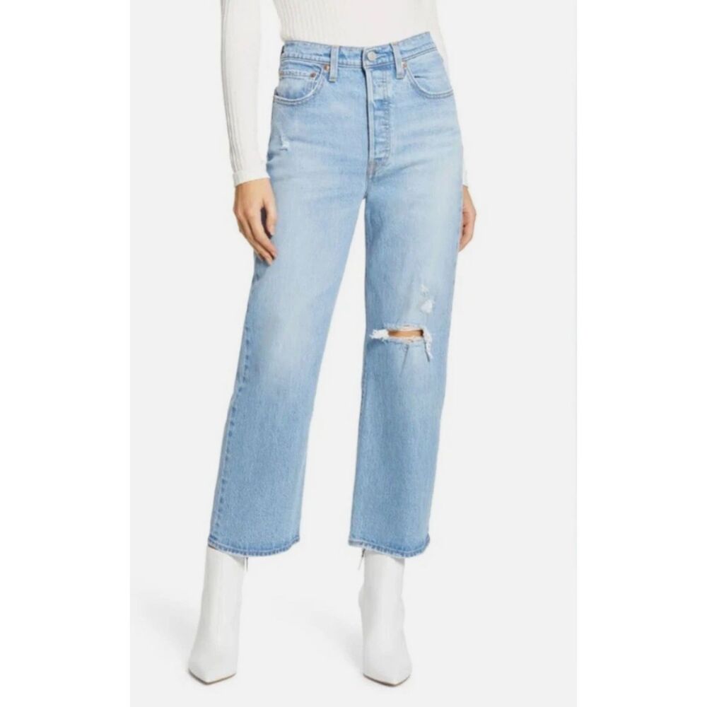 LEVI'S Ribcage Straight Distressed Light Wash High Rise Ankle Jeans Womens 26